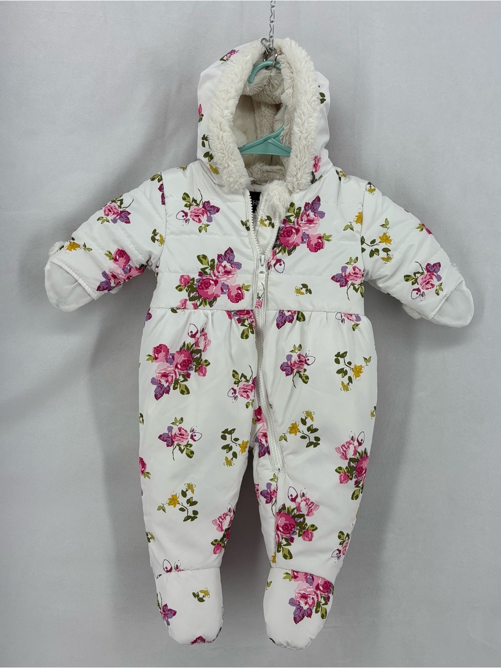 Rothschild Baby Girls Floral Bunting Snowsuit White Faux Fur Hood 3 6 Months